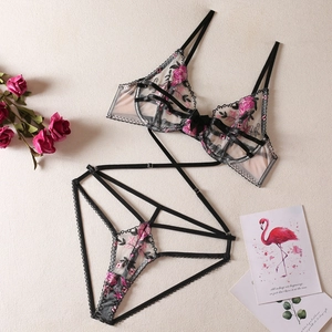 Sexy black sheer lingerie set with floral embroidery and criss-cross straps for women