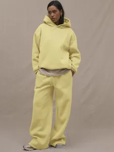 Detailed full-body view of light yellow minimalist hooded sweatshirt and joggers set