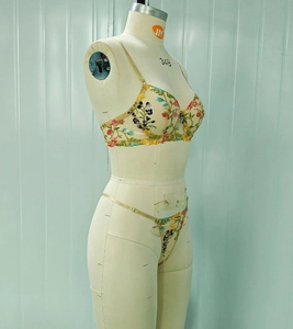 Detail of floral embroidery on sheer mesh lingerie with underwire bra and thin thong straps
