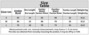 Size chart for leopard print 3-piece lingerie set including bra, garter and panties