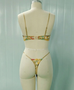 Detailed back view of sheer floral embroidery mesh bra and thong lingerie set