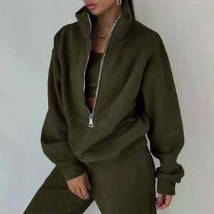 Tuta da donna 2 pezzi in pile verde scuro con felpa a mezza zip e pantaloni sportivi
