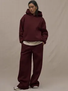 Relaxed burgundy tracksuit with drop-shoulder hoodie and wide-leg joggers set
