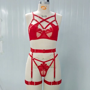 Close-up of red lace lingerie set with floral embroidery and multi-strap detailing