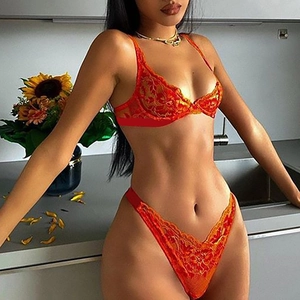 Ensemble de lingerie en dentelle orange 2 pièces avec soutien-gorge à armatures et thong