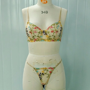 Sheer floral embroidery lingerie set with underwire bra and matching thong on mannequin