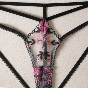 Detail of floral embroidery on black lace straps and mesh fabric for women lingerie