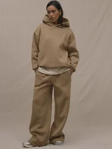 Detail of khaki heavy fleece hoodie set with wide-leg joggers and drawstring waist