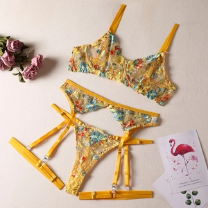Three-piece yellow floral embroidery lace lingerie set with garter belt and thong