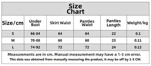 Detailed size chart for pink mesh lingerie set including bust and waist measurements