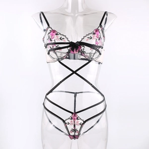 Lace embroidery lingerie set with floral patterns and sexy cross belt design