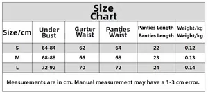 Detailed size guide for lace mesh lingerie set showing under bust and waist measurements