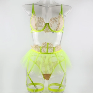 Three-piece fluorescent green lace lingerie set with underwire bra and garter skirt
