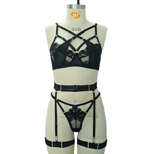 Sexy black embroidery lace lingerie set with strappy garter belt and wired bra