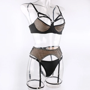 Détails de l'ensemble lingerie en maille noire avec bretelles réglables et porte-jarretelles