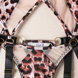 Detail of leopard print lingerie with sheer mesh panels and gold metal rings