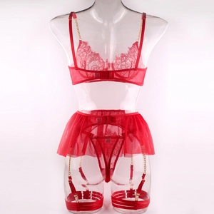 Detail view of red lace lingerie set with gold chain straps and mesh garter skirt