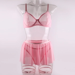 Detailed view of pink mesh underwire bra set with lace skirt and leg garter accessory