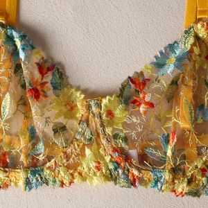 Close-up of yellow sheer mesh bra with intricate floral embroidery and lace edging