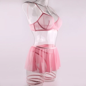 Detail of pink mesh underwire bra with lace trim and pleated skirt set for women