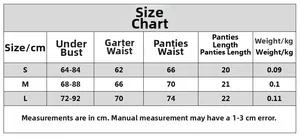 Detailed size chart for lace lingerie set including under bust, waist, and length metrics
