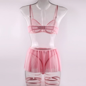 Detail of pink mesh lingerie set featuring lace bra and skirted bottom with leg strap