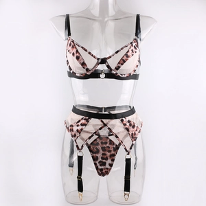 Three-piece leopard print lingerie set with mesh patchwork and metal ring details