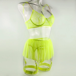 Fluorescent yellow lace lingerie set with gold chains and mesh garter skirt details