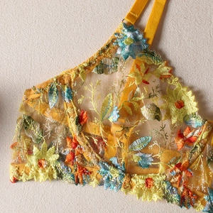 Soutien-gorge en maille jaune avec broderie florale colorée et bretelles réglables