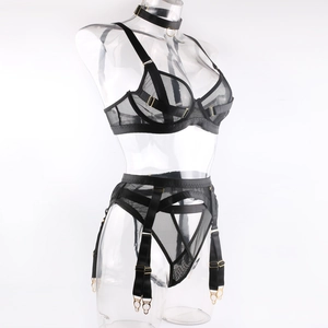 Close-up of black mesh lingerie set with underwire bra, garter belt, and choker accessory