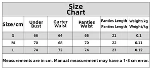 Detailed size chart for lace lingerie set including underbust and waist measurements