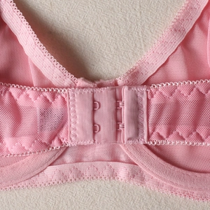 Close-up of pink mesh lace bra back closure featuring double row hook and eye fasteners