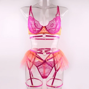 Detailed lace lingerie set featuring underwire bra and orange mesh garter with leg straps
