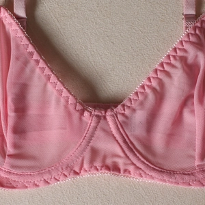 Detail of pink sheer mesh cup with underwire support and textured edge finish