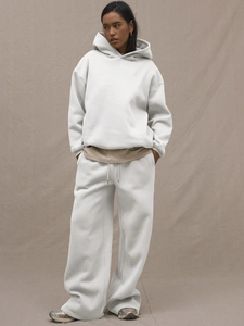 Women Casual Hooded Tracksuit Oversized Solid Color Two Piece Set Dropped Shoulder Hoodie And Wide Leg Sweatpants Set