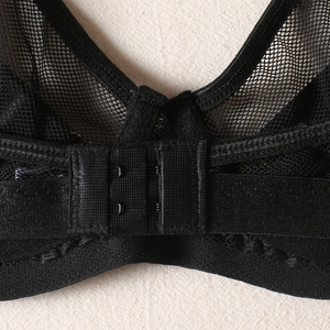 Detail of the black mesh bra showing the double row hook and eye closure on the back
