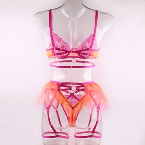 Rear view of pink and orange lace lingerie set with mesh skirt and metal ring details