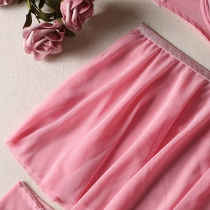 Detailed view of pink sheer mesh skirt with lace waistband and floral decor