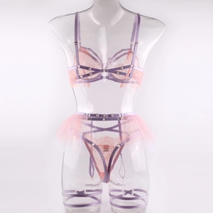 Détails de l'ensemble de lingerie en dentelle lilas avec rubans et tissu transparent