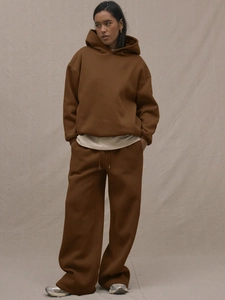 Women's chocolate brown oversized hooded tracksuit two-piece set for autumn and winter