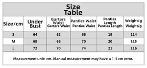 Detailed size chart for lace lingerie set including bust and waist measurements