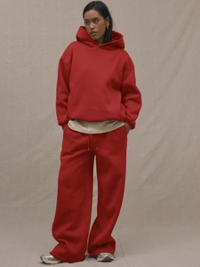 Women's red oversized hoodie and wide-leg jogger two-piece solid sports tracksuit