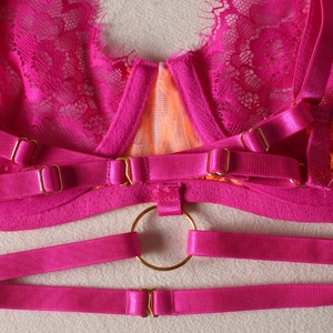 Detailed close-up of pink floral lace lingerie with adjustable straps and gold hardware