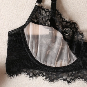 Close-up of black eyelash lace bra with nude mesh lining and fine adjustable straps
