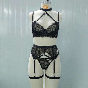 Detail view of black lace lingerie set featuring harness straps and garter belt design
