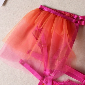 Detail of fuchsia lace garter belt with orange gradient mesh and gold hardware