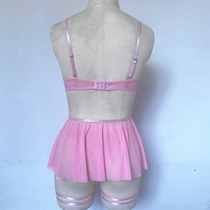 Detailed back view of pink mesh lingerie set featuring triple hook-and-eye closure
