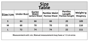 Detailed size chart for the black polka dot mesh three-piece lingerie set with S/M/L dimensions