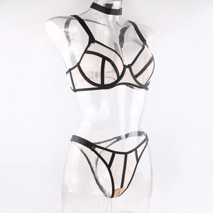 Side view of sexy sheer mesh lingerie set with black piping and wired bra detail