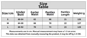 Detailed size chart for neon green lace lingerie set including bust and garter measurements